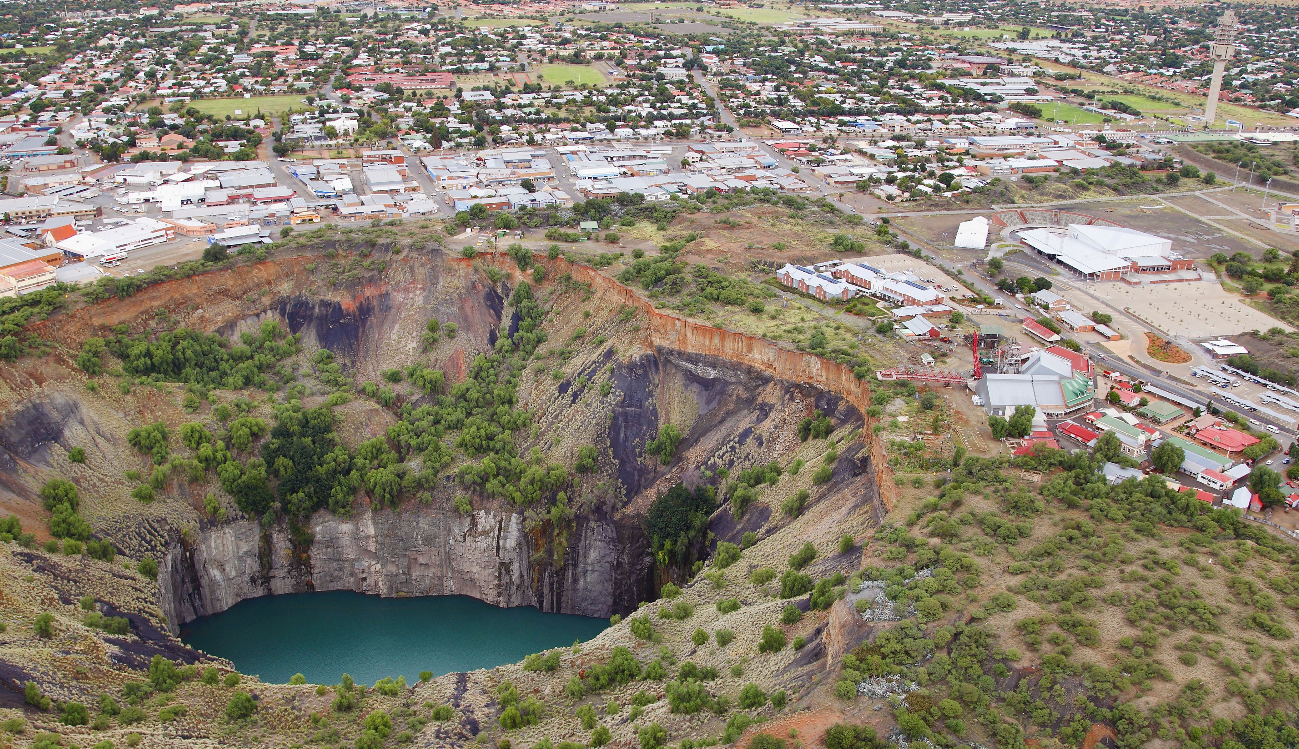 An aerial view of the big hole with Kimberley in the background. Kimberley Northern Cape Province South Africa.